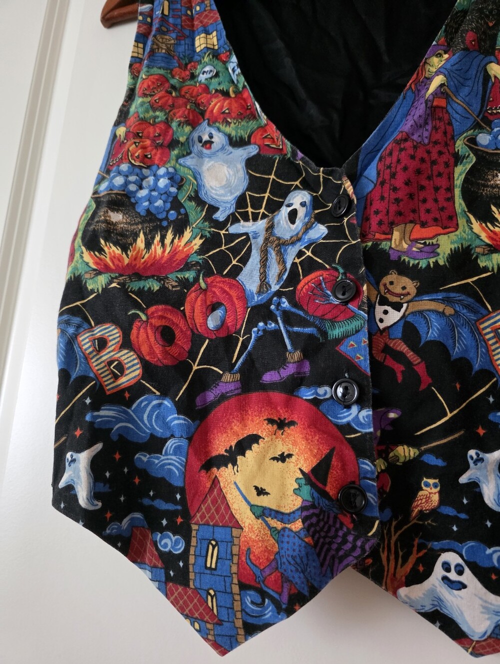 Vintage 90s Halloween Vest Womens M Boo Ghost Witches Gothic Bats Retro - Picture 2 of 7